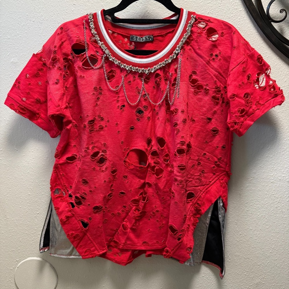 Distressed Rhinestone Chain Tee Punk Glam Grunge Edgy Streetwear Top Red‎ M